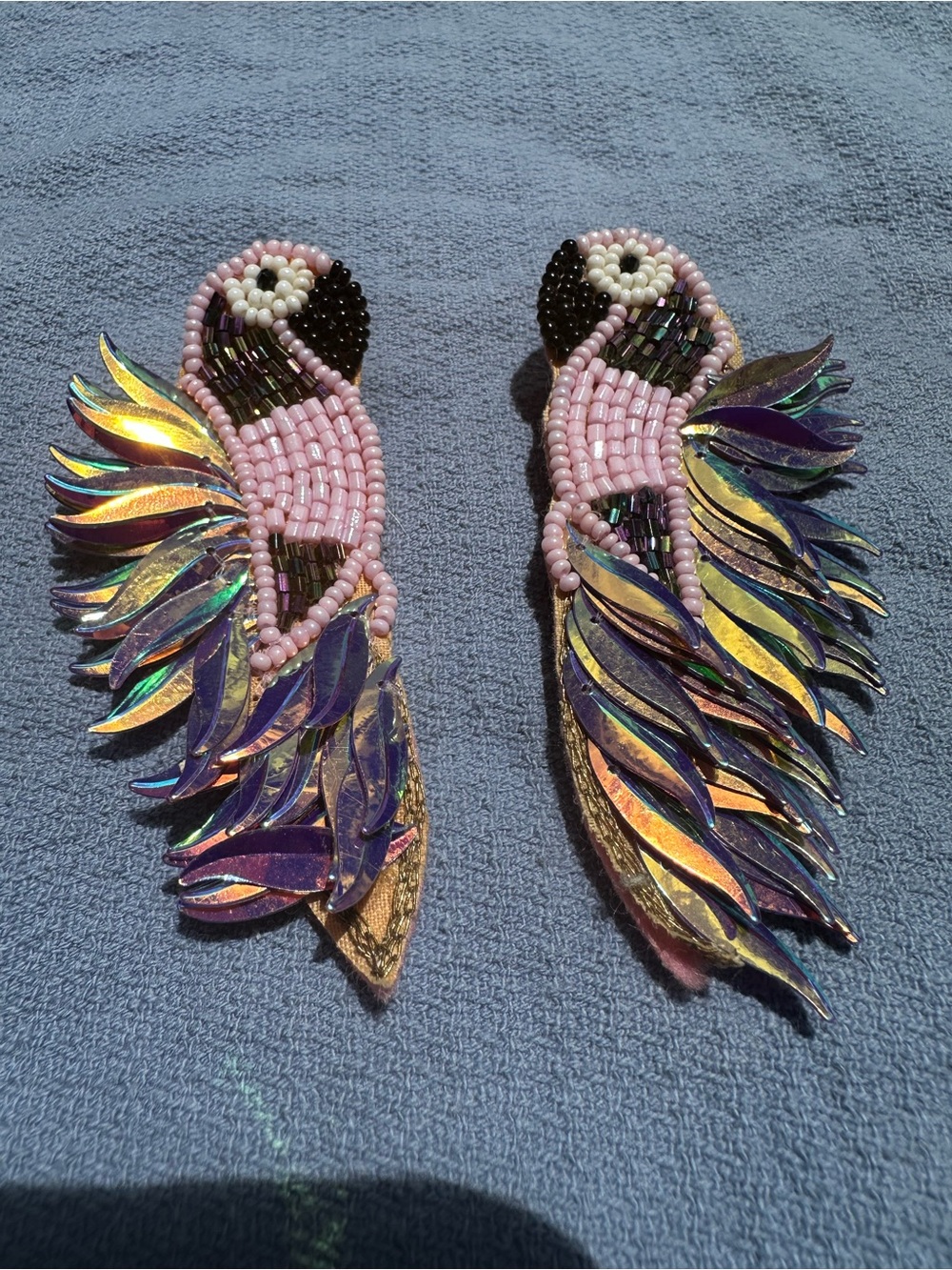 Handmade Beaded Parrot Feather Earrings in Pink and Iridescent